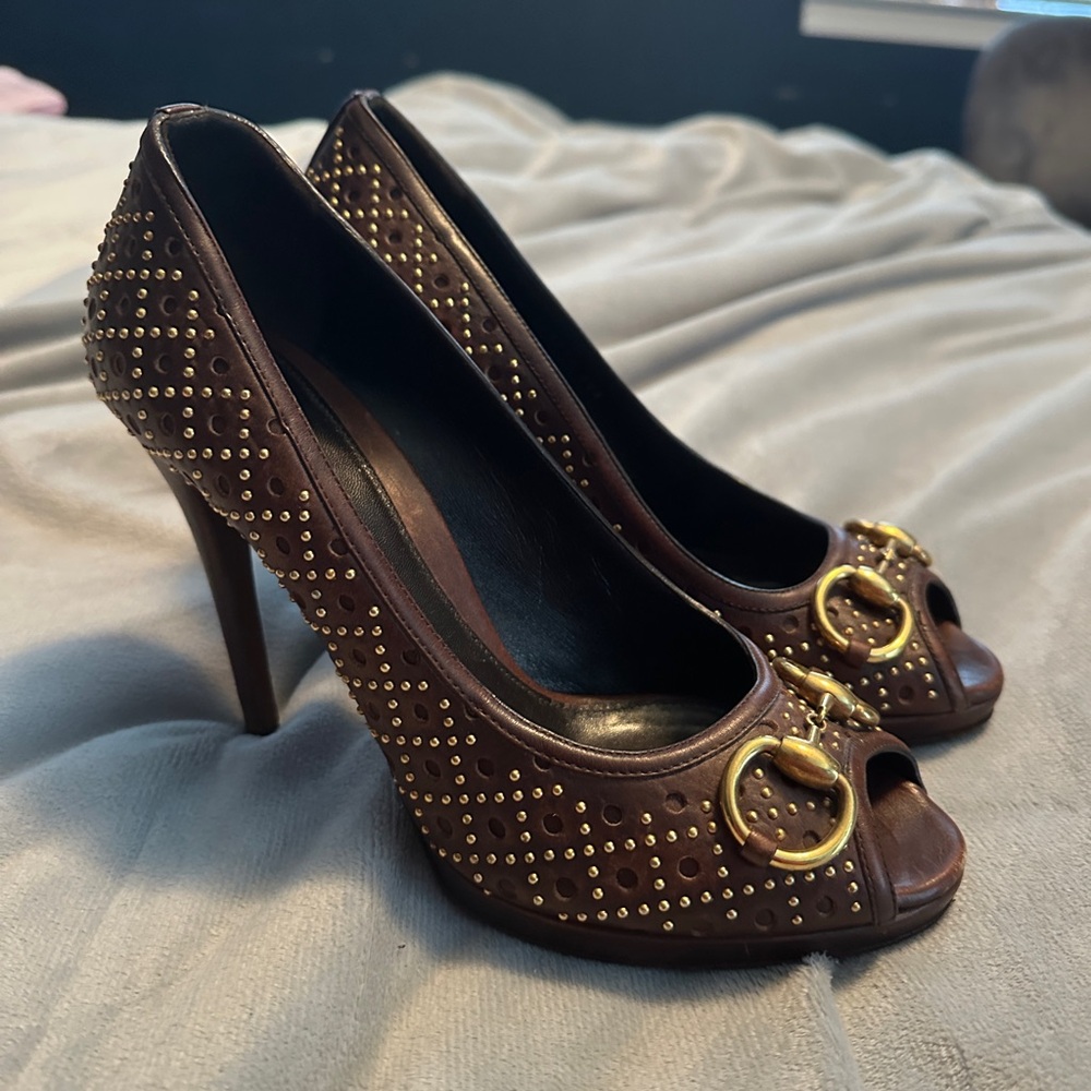 Gucci Brown and Gold Heels with Studded Detailing